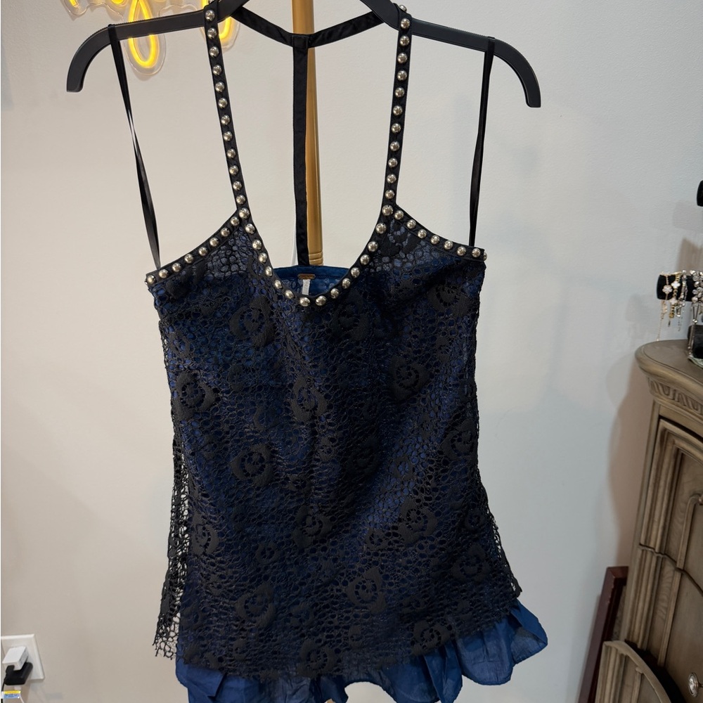 Free People Chic Navy Lace Dress with Pearl Details - Picture 8 of 11